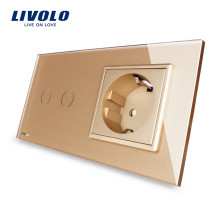 Interruptor de pantalla táctil Livolo 2 Gang con luz indicadora y toma de corriente eléctrica estándar de la UE 16A